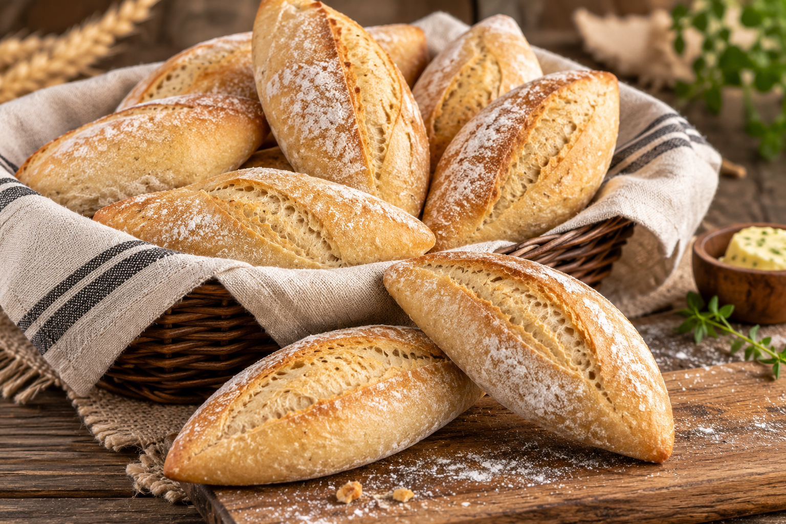 Ambachtelijke broodjes in een rustieke mand Rustiek Tarwebroodje Bauernspitz 80 × 100 gram - Afbeelding 1