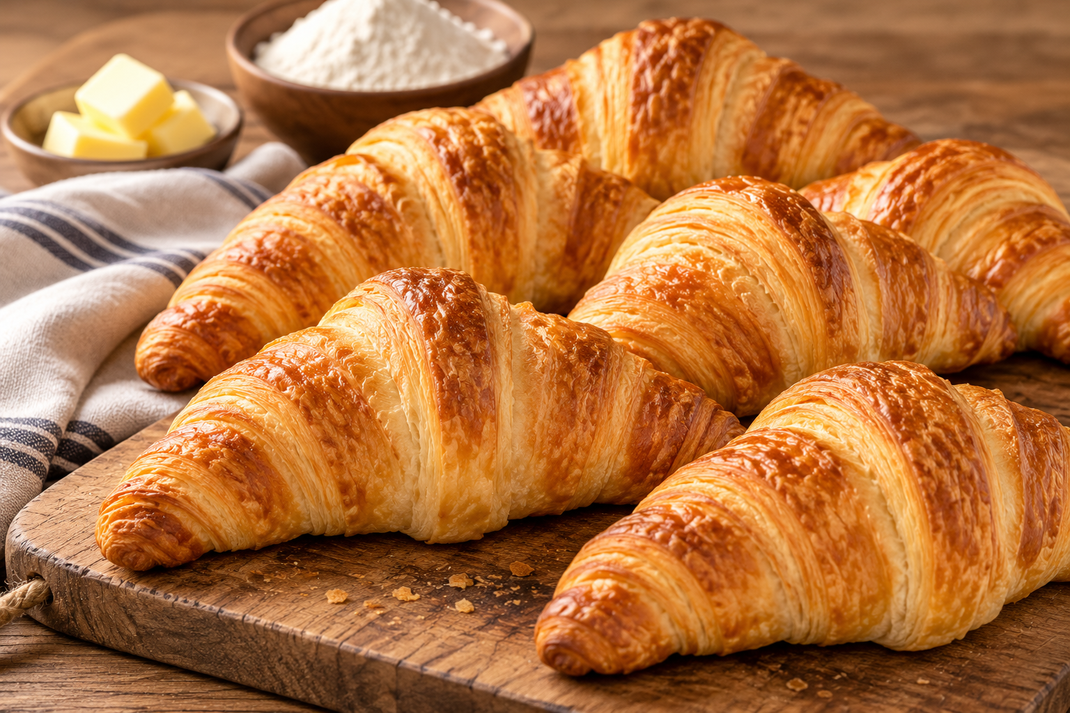 Warme rustieke croissants op houten plank Roombotercroissants 120×80 gram - Afbeelding 1
